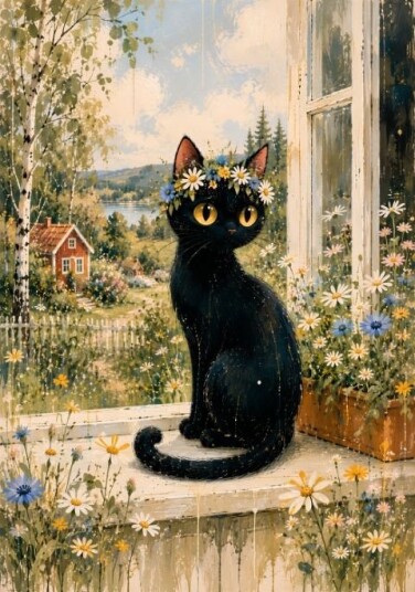 Plakat Blomsterkrone Katt ved Vinduet