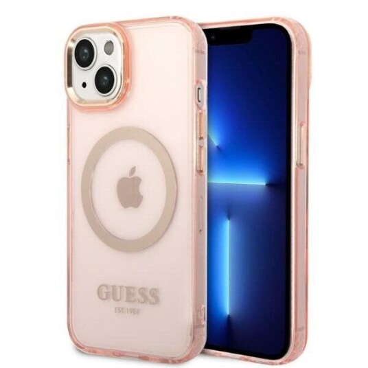 Guess iPhone 14 6,1" Hardt Etui Gullkontur Gjennomsiktig MagSafe Rosa Guess iPhone 14 6,1" Hardt Etui Gullkontur Gjennomsiktig MagSafe Rosa