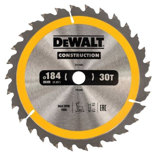 Dewalt 184 mm Sirkelsagklinge 30T for Tre og Kompositt - DT1940-QZ Dewalt 184 mm Sirkelsagklinge 30T for Tre og Kompositt - DT1940-QZ