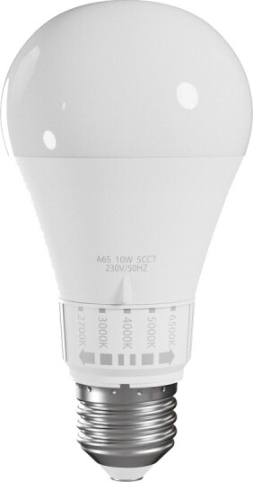 Spectrum E27 10W LED pære med CCT 1100lm 5 lysfarger A65 270° spredning Kulør : CCT Varm til Kald Hvit Spectrum E27 10W LED pære med CCT 1100lm 5 lysfarger A65 270° spredning Kulør : CCT Varm til Kald Hvit
