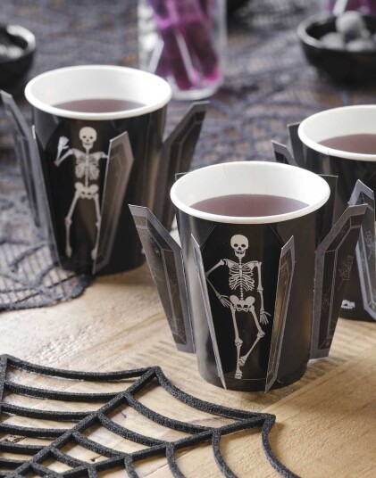 8 stk Kopper med Skjelett i Pop Up Kister  266 ml Fright Night