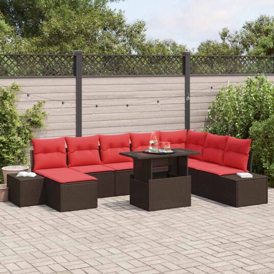 vidaXL Hagesofa Set 9 stk. Brun og rød polyrotting