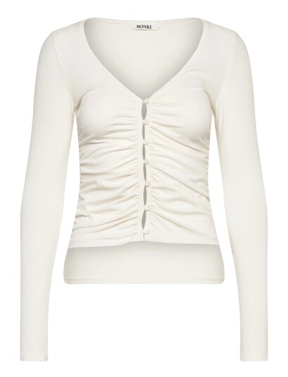 Monki Slim Ruched V Neck Cardigan White XXS