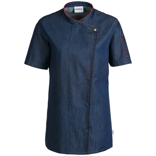 PULSIVA Kokkejakke dame Celia kort arm; Størrelse 48; Denim, passpoal Rød