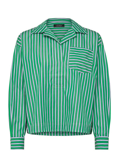 Ralph Lauren Lauren Striped Cotton Broadcloth Cropped Shirt Green XL