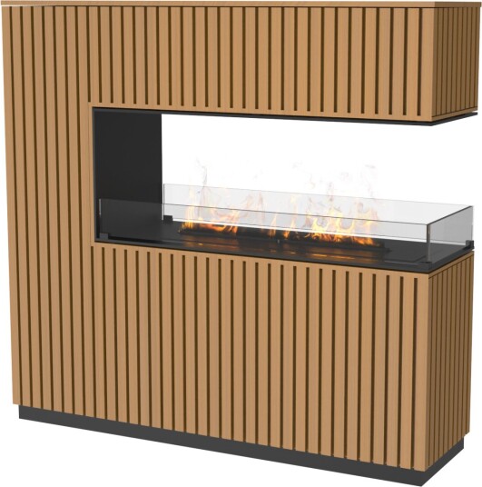 Lav frittstående biopeis med spiler i natur eik - panorama med tre glass og Hybrid Mist brenner