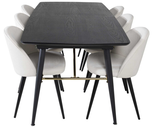 Venture Design Black Veneer & Velvet spisegruppe Svart/beige 6 st stoler & bord 180 x 85 cm
