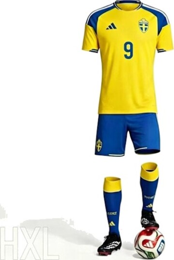 2024 2025 Sveriges herrelandslag i fotball Barnetrøye Nr. 9 ISAKs hjemmedrakt Gul uniformsett Størrelse 22