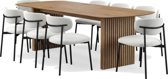 Richeto spisebord 240 cm med 8 Lucy spisestoler - Naturlig finish / hvit bouclé / metallben svart