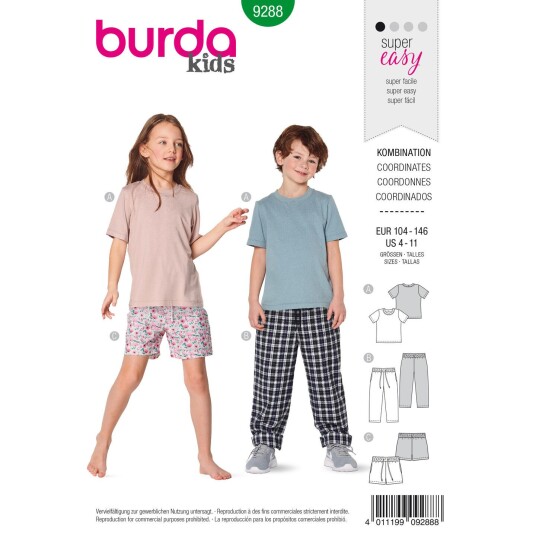 Burda 9288 - Nattøy EUR: 104-146, US: 4-11