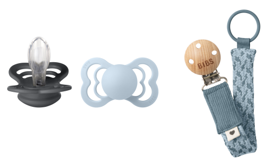 BIBS Pacifier Supreme 2 PACK Iron/Baby Blue Size 2 + Pacifier Clip Braided Petrol/Baby Blue Onesize Bundle