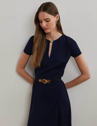 Lauren Ralph Lauren Belted Georgette Dress - Navy - 46