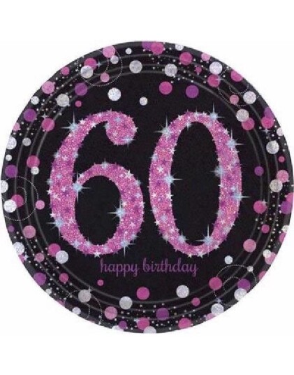 60 års Feiring 8 stk Svart og Rosa Glitrende Tallerkener 23 cm