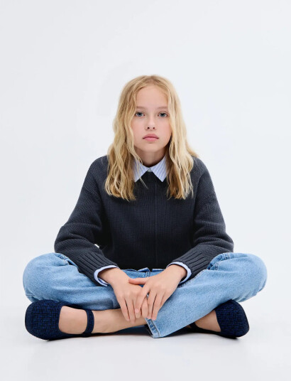 Mango Long-Sleeve Knitted Sweater - Navy - 7-8