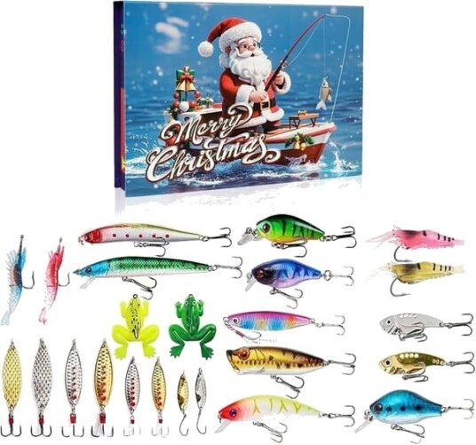 Fiskekalender 2026 med 24 Agn Adventskalender med 3D Agn 24 Dagers Julekalender for Fiskeentusiaster