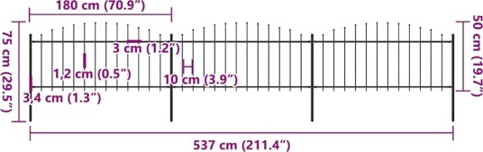 vidaXL Hagegjerde med spydtopp stål 0,5 0,75x5,1 m svart