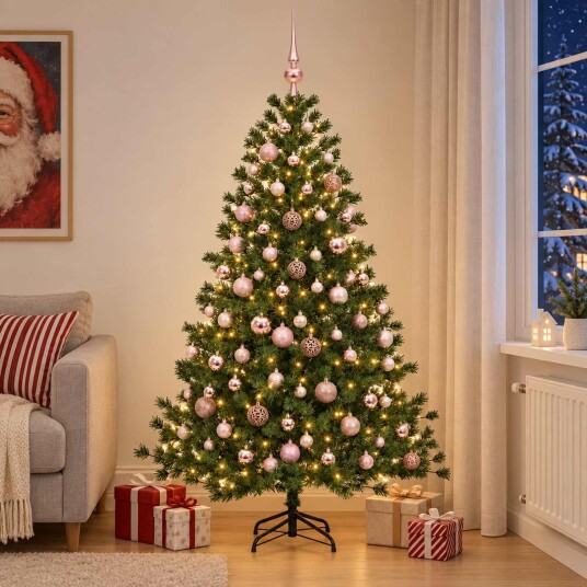 vidaXL Kunstig juletre med julekuler 210 cm 300 LED-lys Varmhvit