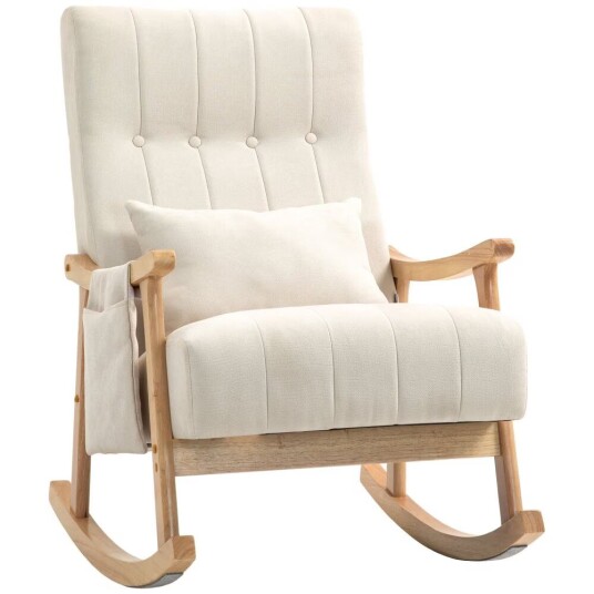 Northio Gyngestol polstret med korsryggpute sidelomme avslapningsstol treramme lin look for stue soverom beige