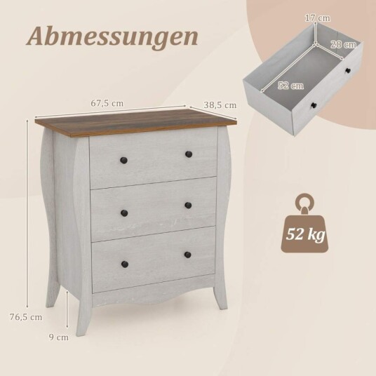 Kommode med 3 sammenleggbare stoffskuffer skjenk i landlig stil grått skuffeskap