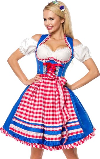 Deluxe Royal Blå Dirndl Oktoberfestkjole med Røde Partier Strl M