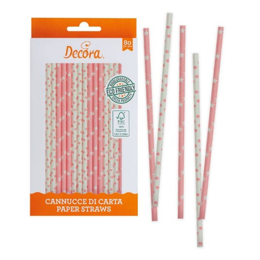 Decora Papirsugerør Rosa Striper Og Stjerner Pk/80 Decora Papirsugerør Rosa Striper Og Stjerner Pk/80