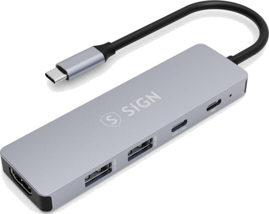 SiGN 5-i-1 Dokkingstasjon 2x USB-A 2x USB-C HDMI 4K 60Hz PD 100 W Grå