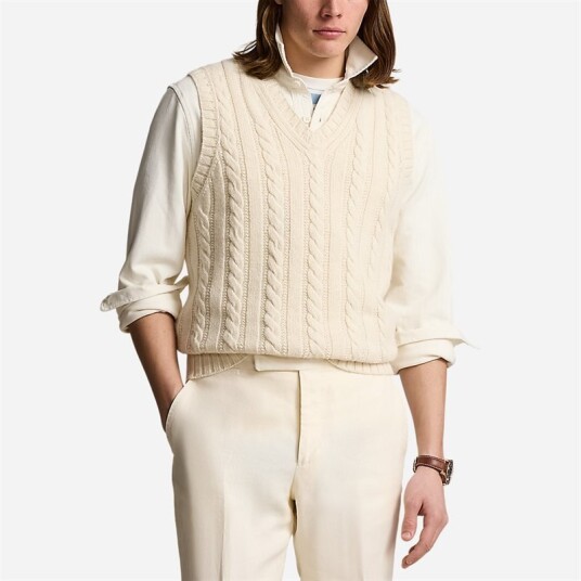 Aran-Knit Cotton-Cashmere Sweater Vest Cream Combo Aran-Knit Cotton-Cashmere Sweater Vest Cream Combo