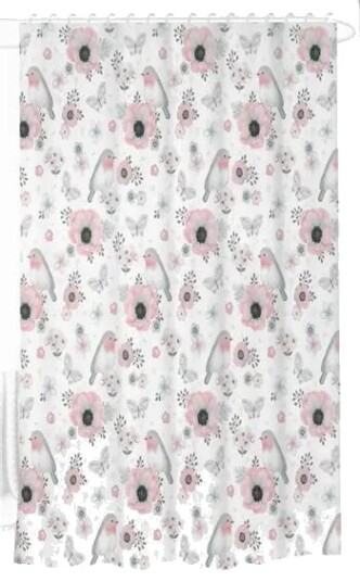 Home-tex Dusjforheng - 180x180 cm - Hvit med blomster og fugler - Klar til oppheng