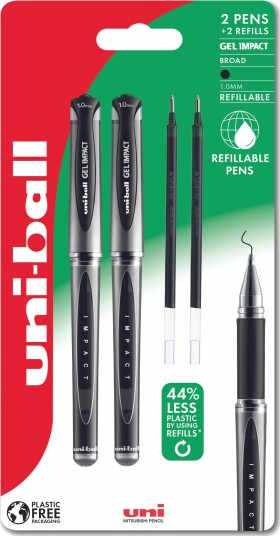 Rullepenn Uni-Ball Gel Impact 153 Sort - 2 Stk. Gel-Rullepenn, + 2 Stk. Refill, Bredde 1,0 Mm