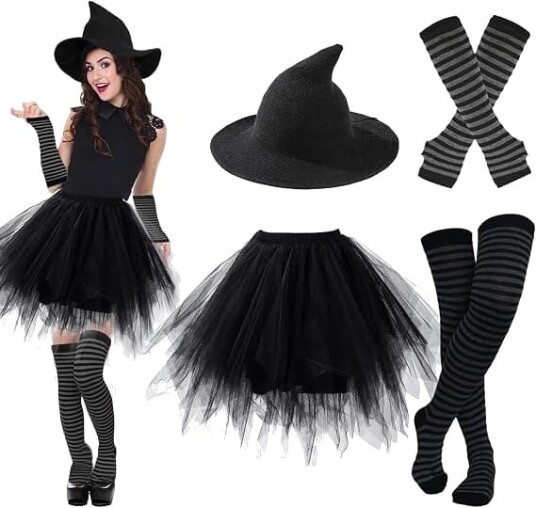 Halloween Gotisk Heksekostyme til Dame med Hatt, Tutu-skjørt, Strømper og Armvarmere