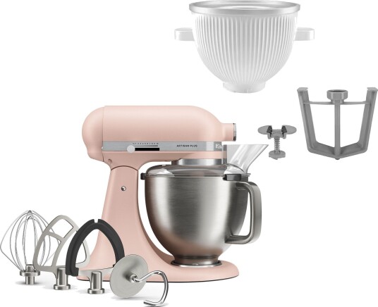 Kitchenaid Artisan Plus kjøkkenmaskin med iskremtilbehør feather pink