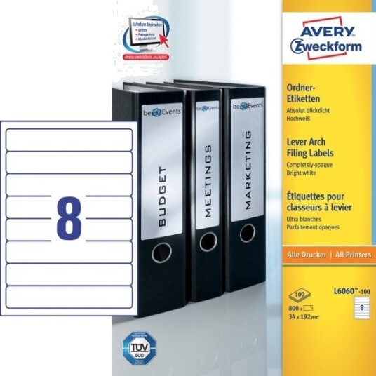 Avery L6060 100 Hvit Selvklebende Skriveretikett A4 Papir Laser/Blekkskriver Permanent