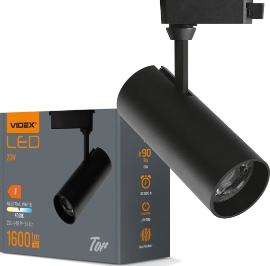 Videx Tor skinnespot RA90   20W svart 1 faset 1F2W   Kulør : Nøytral