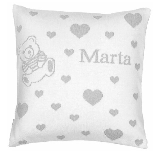 Putetrekk med babys navn. "Hjerter og bamse" Grå