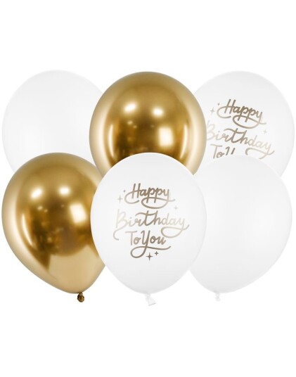 6 stk 30 cm Pastellhvite og Gullfargede Happy Birthday To You Ballonger
