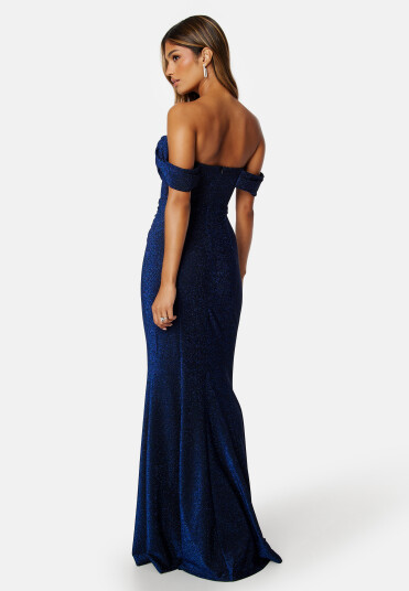 Goddiva Glitter Off Shoulder Maxi Dress Dark blue XS (UK8)
