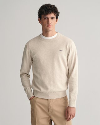 Klassisk bomullsgenser med rund hals LIGHT BEIGE MELANGE 4XL