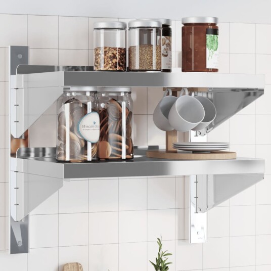 Vegghylle 2 etasjer 50x30x60 cm sølv rustfritt stål Vegghylle 2 etasjer 50x30x60 cm sølv rustfritt stål