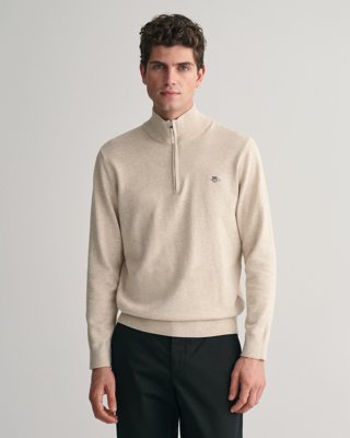 Klassisk bomullsgenser med halv glidelås LIGHT BEIGE MELANGE XL