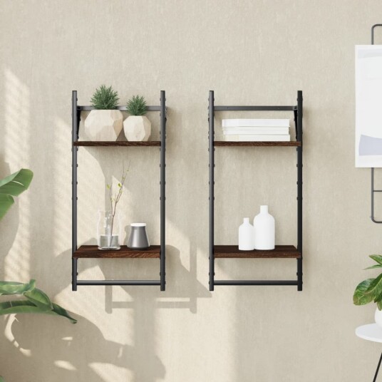 Vegghyller med 2 hyller stenger 2 stk brun eik 30x25x65 cm 8721012045910 Vegghyller med 2 hyller stenger 2 stk brun eik 30x25x65 cm 8721012045910