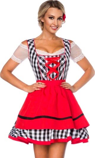 Rutete Svart og Hvit Dirndl Oktoberfestkostyme med Røde Partier Strl S Rutete Svart og Hvit Dirndl Oktoberfestkostyme med Røde Partier Strl S