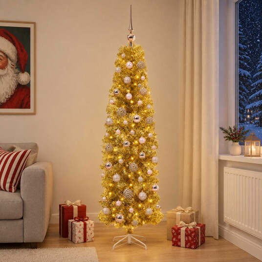vidaXL Kunstig slank juletre med kuler 180 cm 300 LED-lys Varmhvit