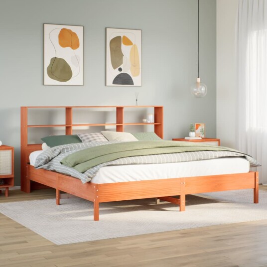  Seng med bokhylle uten madrass voksbrun 200x200 cm heltre furu 8721158616470