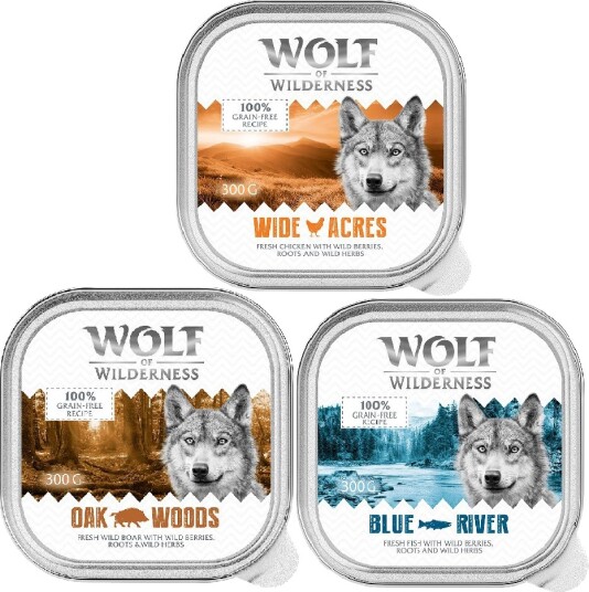 Wolf of Wilderness Adult Våtfôr Mixpakke Villsvin/Kylling/Fisk 24x300g
