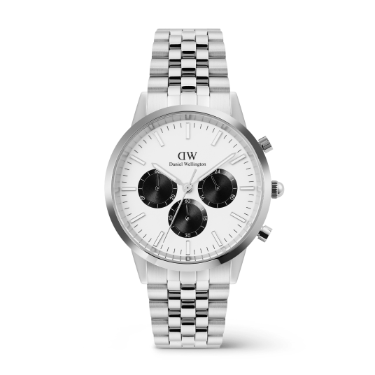 Daniel Wellington DW Watch Iconic Chronograph Arch 5 Link Off White Panda Silver 42mm