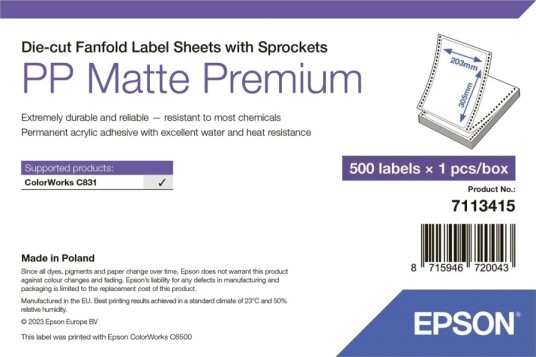 Epson Premium Polypropylen Pp Matt Permanent Akryl Adhesiv 203 X 305 Mm 500 EtikettEr Støpekuttet Siksakfalsete Etiketter Med Hull