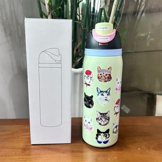 Owala Vannflaske 32oz Quartz FreeSip i Rustfritt Stål Grønn katt 32oz