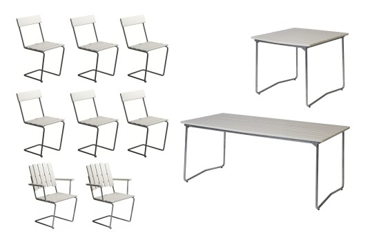 Grythyttan Stålmöbler B31 spisegruppe Hvitlakkert ek/galvanisert stål 2 lenestoler, 6 stoler, bord 84 x 92 cm & bord 170 x 92 cm
