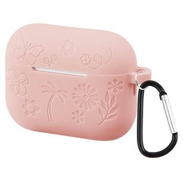 AirPods Pro 3 Etui i flytende silikon med karabinkrok og blomstermønster   Lys rosa