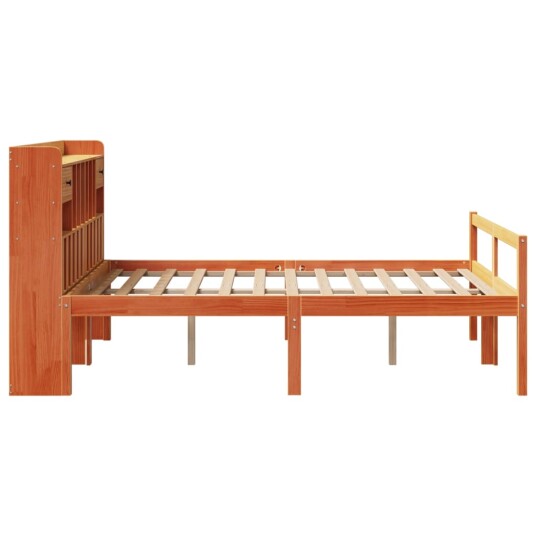 Seng med bokhylle uten madrass voksbrun 140x200 cm heltre furu